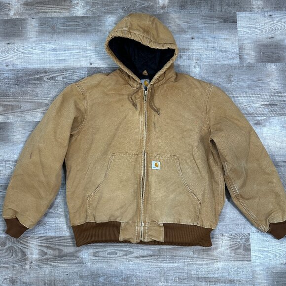 VTG Carhartt Men's Sz L Canvas Work Wear Bomber Jacket Hooded Lined - Picture 1 of 13